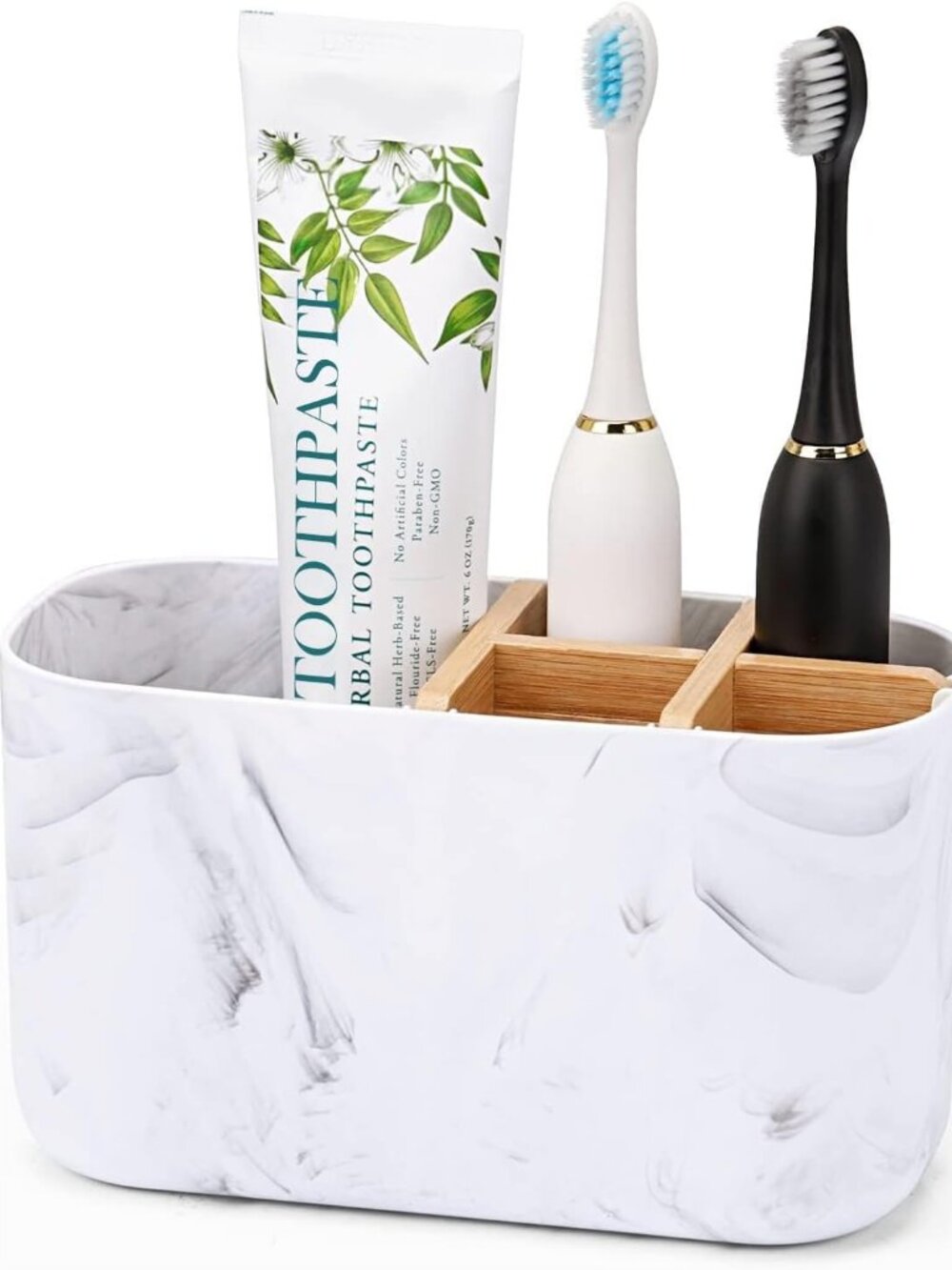 5-Slot Bamboo Toothbrush Holder & Toothpaste Organizer – Marble Design